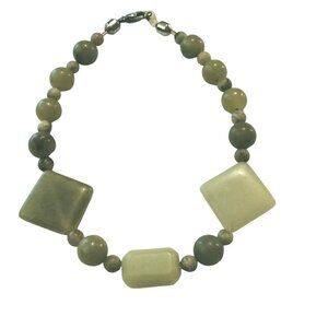 Green Stone Beaded Bracelet Handmade Geometric Shapes 9 inch